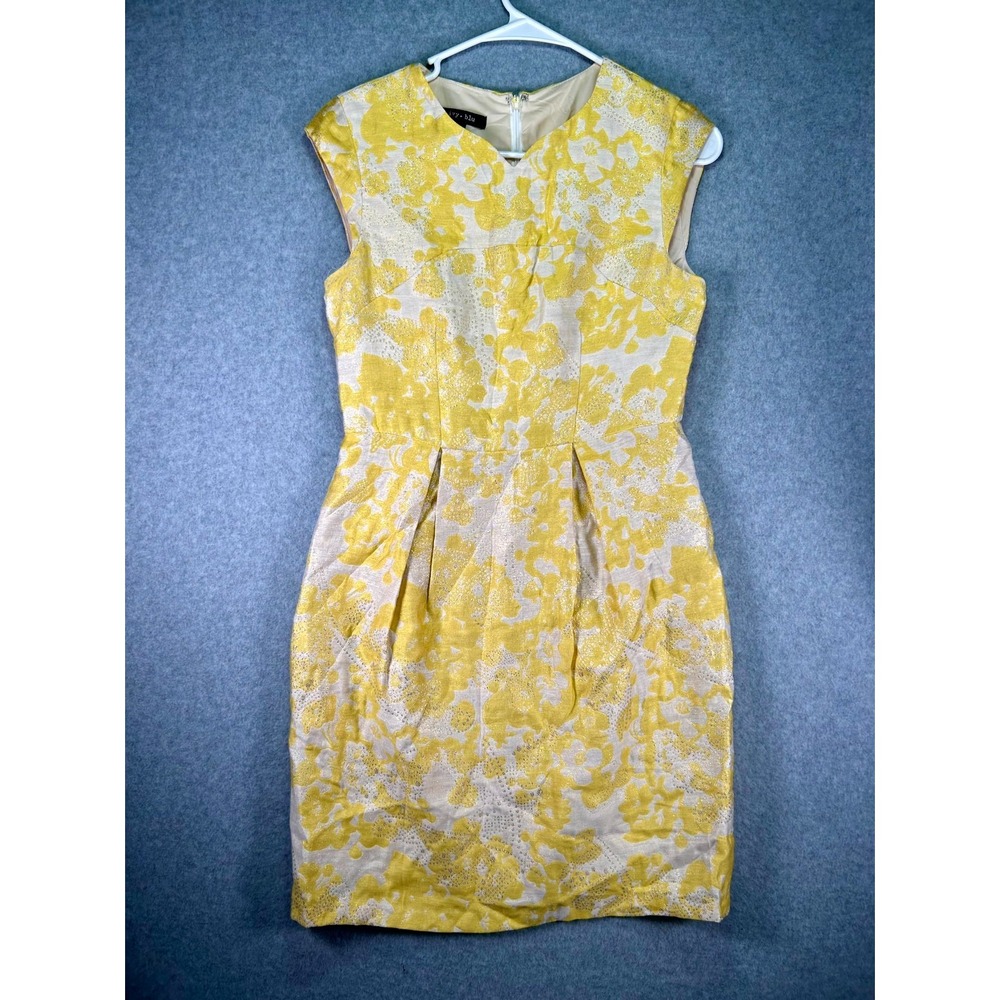 Ivy + Blu Sheath Dress Womens 2 Yellow Floral Pleated Back Zip Party Cocktail